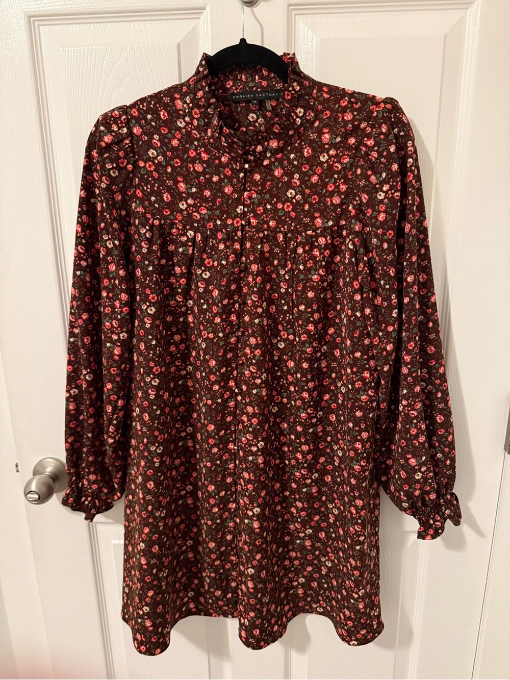 English Factory Floral Long Sleeve Mini Dress with Front Button Detail